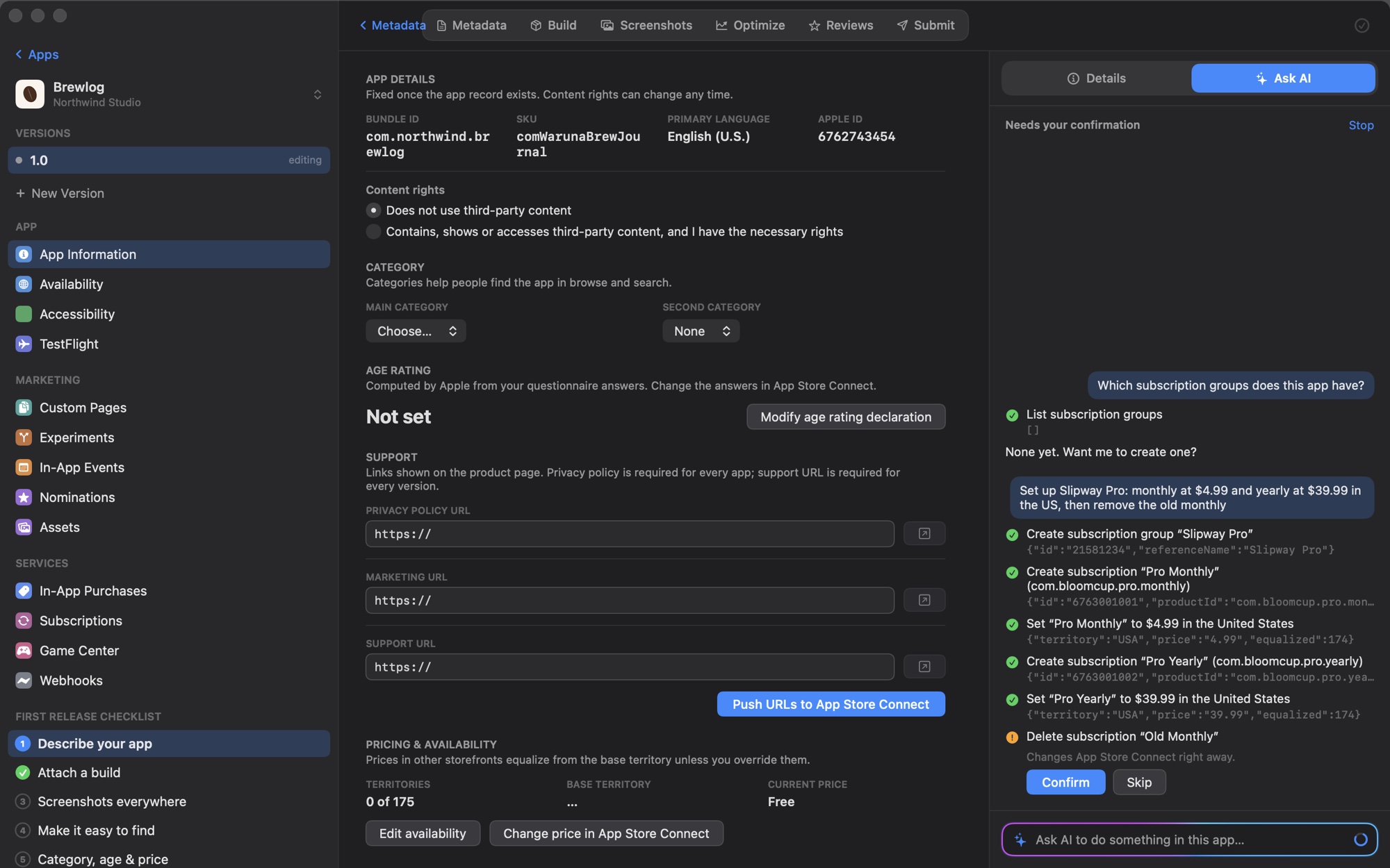Ask AI pane in Slipway listing the steps it took for an instruction, with Confirm and Skip buttons