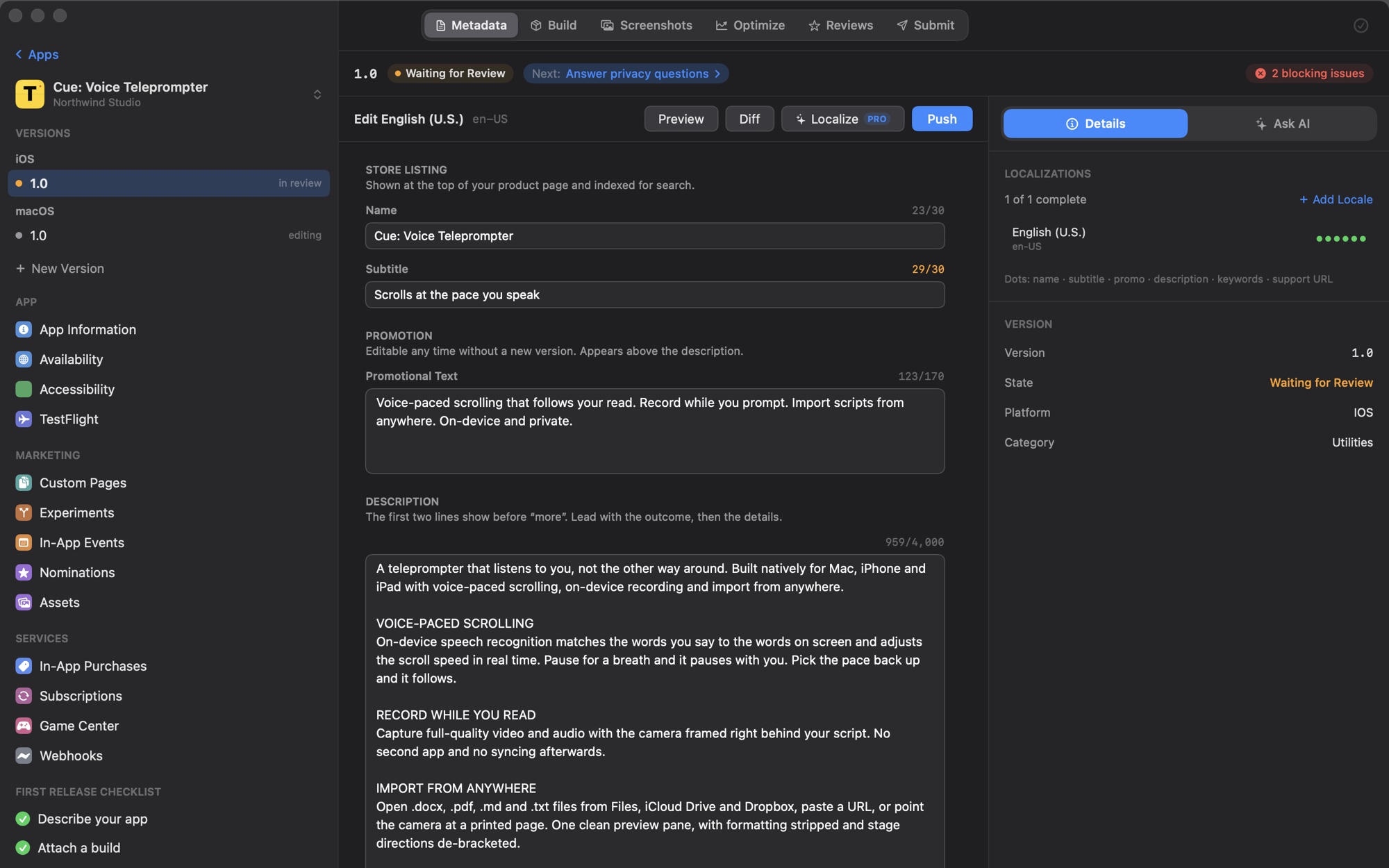 Metadata editor showing localized fields and a diff against the live version