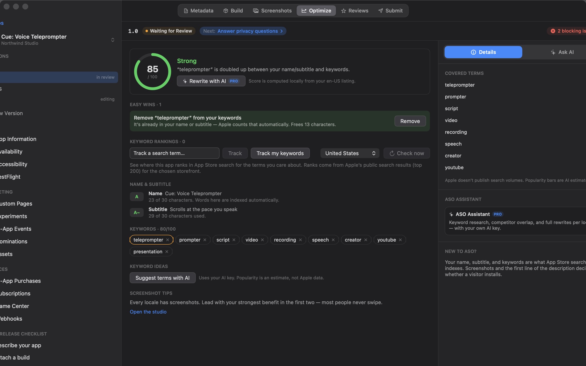 Optimize tab with the ASO score, keyword suggestions and a store preview