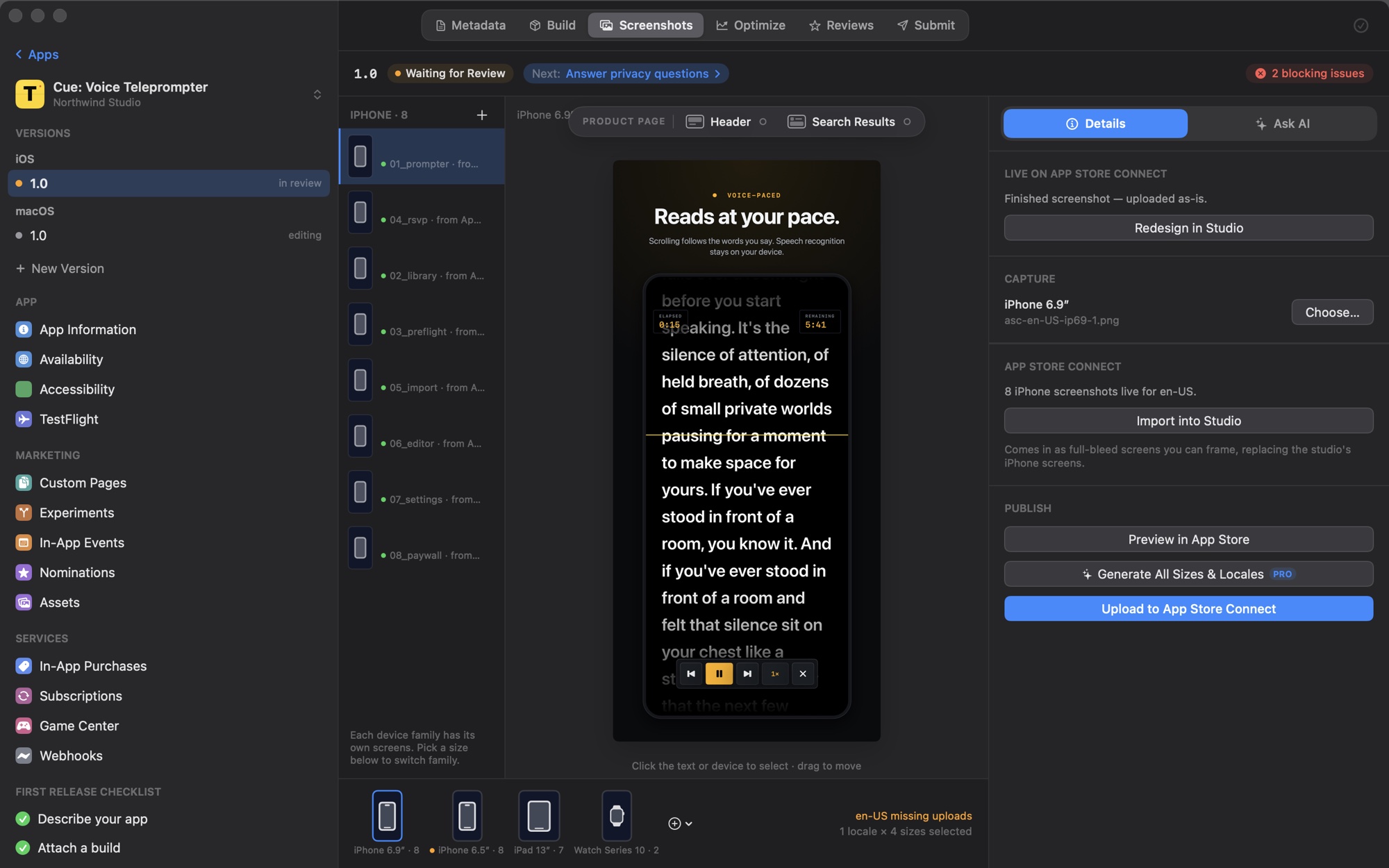 Slipway screenshot studio with framed iPhone screenshots and the layout inspector