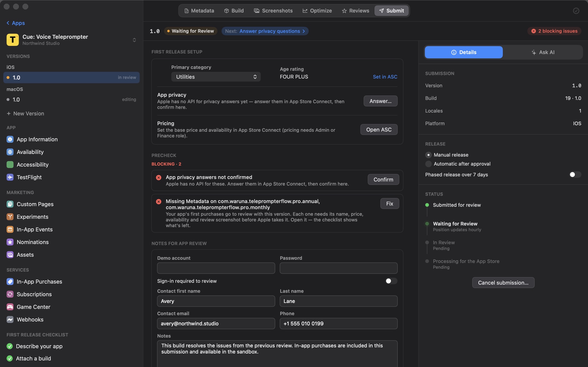 Submit tab with the precheck list, release options and the submit button