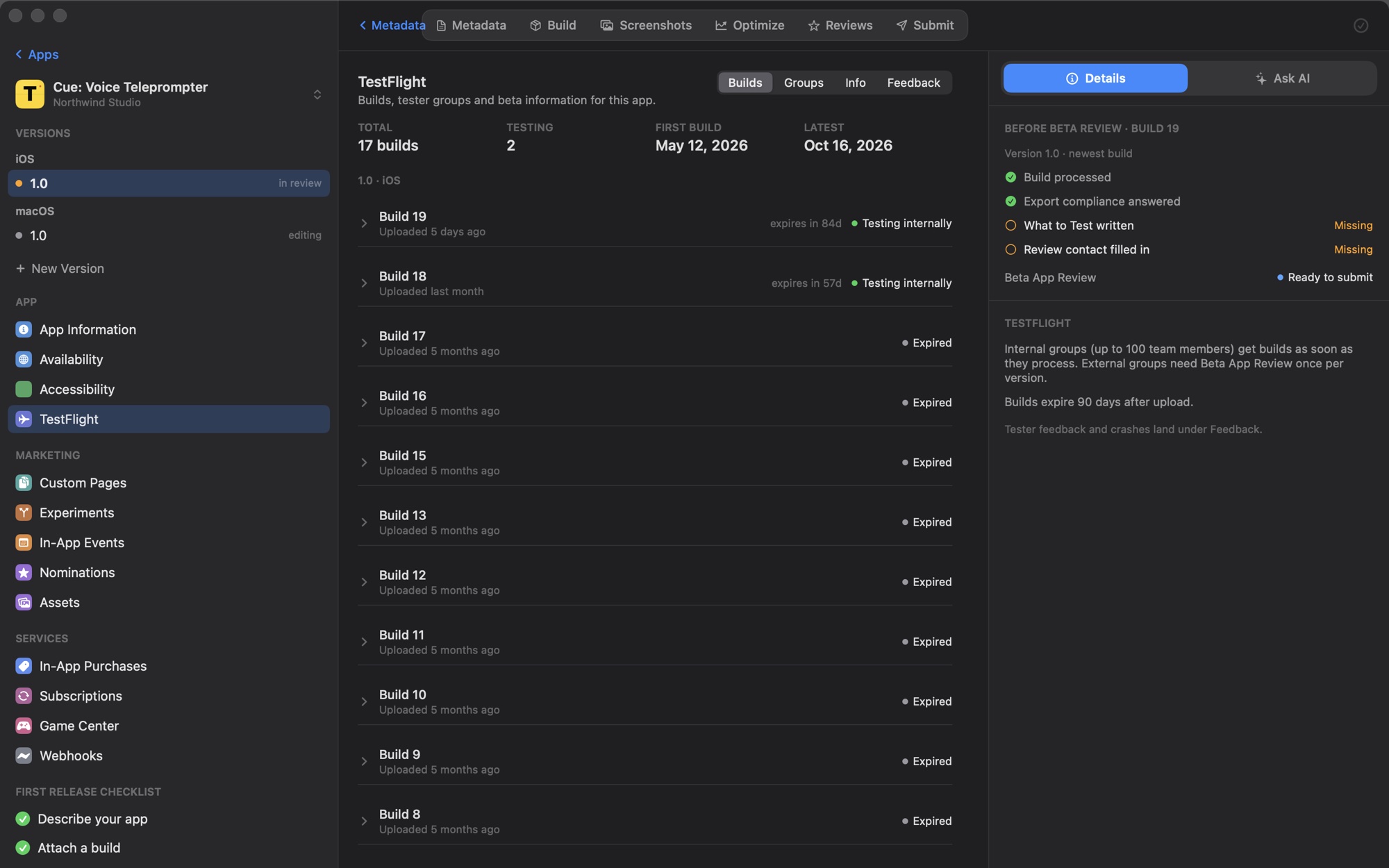TestFlight builds list with beta groups and What to Test notes